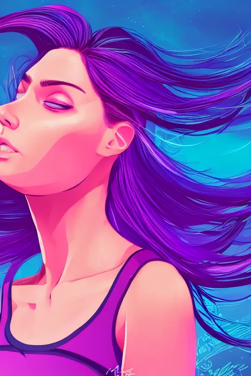 Image similar to a award winning half body porttrait of a beautiful woman in a croptop with ombre purple pink teal hairstyle with head in motion and hair flying, outrun, vaporware, shaded flat illustration, digital art, trending on artstation, highly detailed, fine detail, intricate