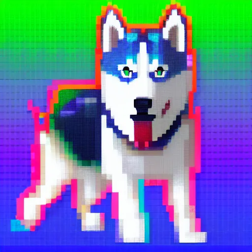 Prompt: husky dog in a dress shirt, pixel art, blue and red gradient background