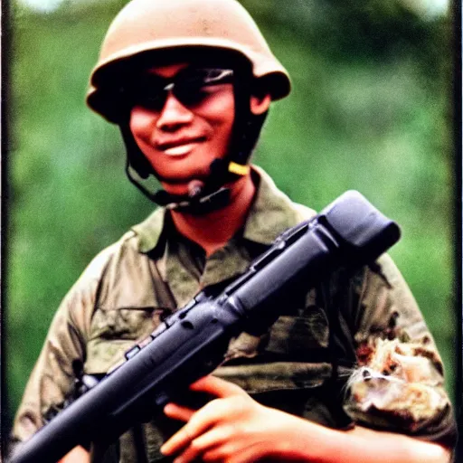 Image similar to “ a hamster holding a hamster sized m 1 6, portrait photo, vietnam war photograph, polaroid ”