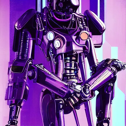 Image similar to self portrait of a robot raven with a beak. purple and black body armor, digital art, realistic, ultradetailed, concept art in the style of Cyberpunk 2077. art by Syd Mead and Moebius, trending on artstation, devianart, cgsociety