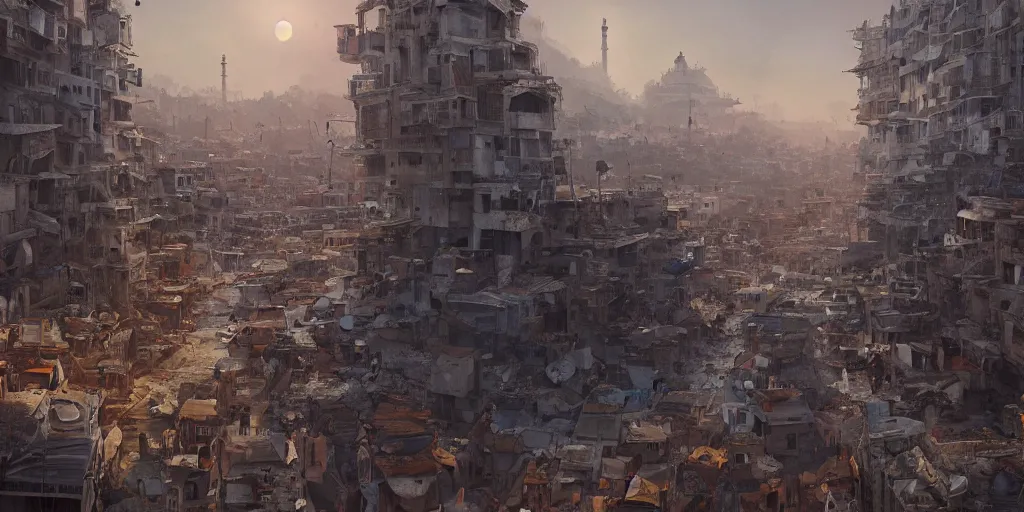 Prompt: new dehli during the climate change migrant crisis by jorge jacinto, intricate, high detail, digital painting, ultra realistic, cinematic lighting, wide angle cinematography, artstation, 3 5 mm film grain