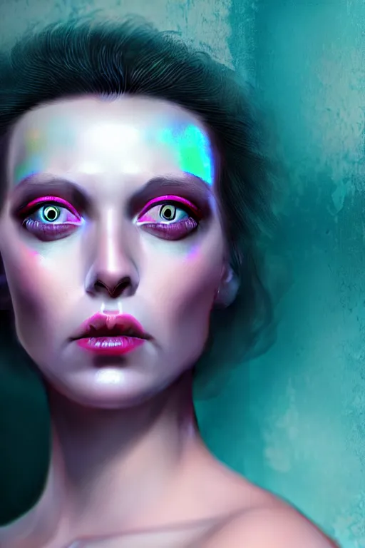 Prompt: neo-surrealist very detailed rococo close-up portrait of woman with iridescent eyes and pink mouth matte painting concept art key sage very dramatic dark teal lighting side angle hd 35mm shallow depth of field 8k