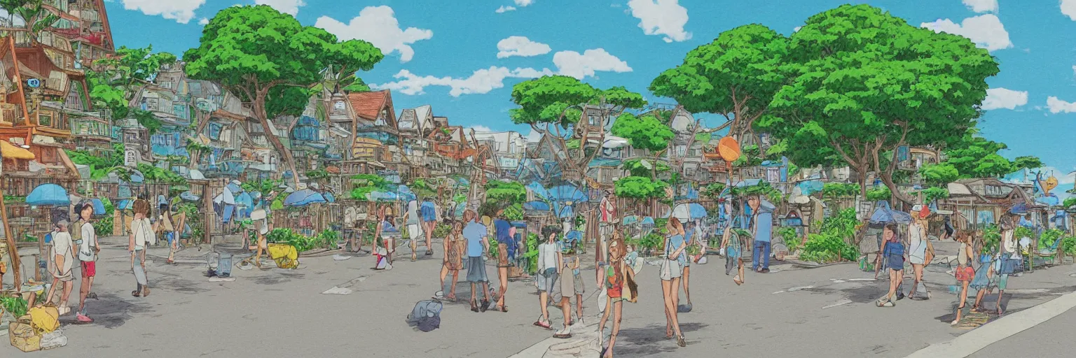 Image similar to summer street near a beach, studio ghibli style