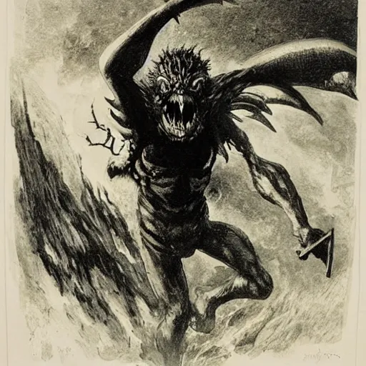 Prompt: Print. a large, muscular demon-like creature with wings, standing in a dark, hellish landscape. The creature has red eyes and sharp teeth, and is holding a large sword in one hand. Eraserhead by Norman Lindsay, by David Wiesner eclectic