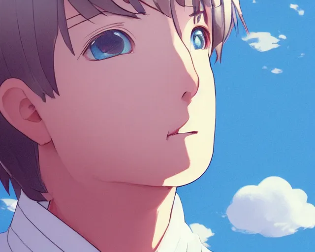 Image similar to teen looking at blue sky, wearing white collared shirt, back turned, looking up, illustration, by pine ( ハイネ ) and 薯 子 imoko and 香 川 悠 作 and wlop and maya takamura, highly detailed, trending artstation, pixiv, digital art