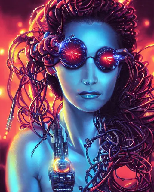 Image similar to a cyberpunk extreme close up portrait of cyborg medusa, electricity, snakes in hair, sparks, bokeh, soft focus, skin tones, warm, sky blue, sunny sky, by paul lehr, jesper ejsing