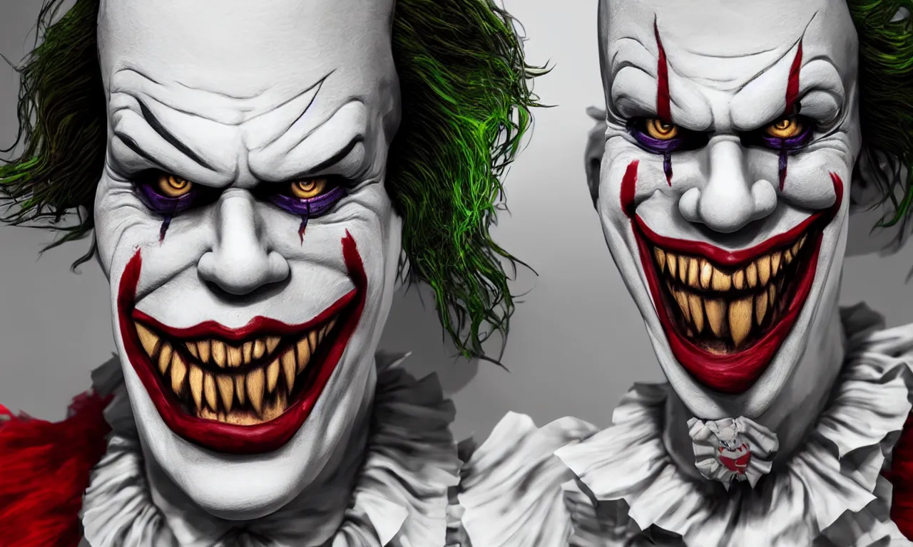 Image similar to Joker as pennywise, joker pennywise fusion, joker 2019, unreal engine, realistic, photorealistic, realistic render, HD, hyper realism, photo realism, cinematic