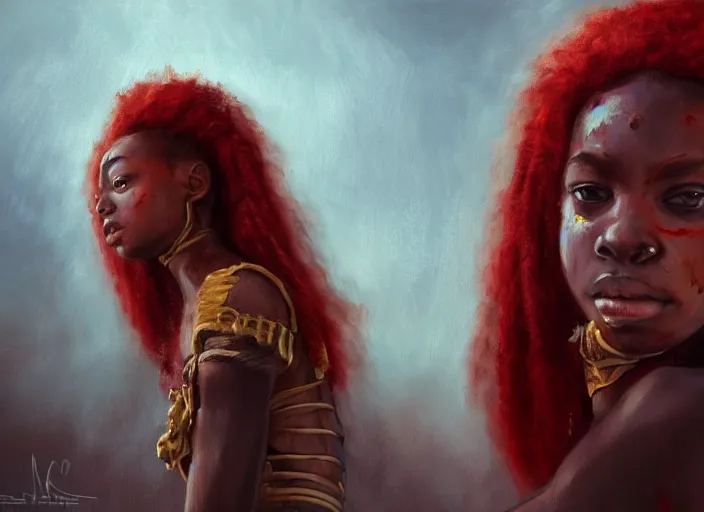 Image similar to landscape, portrait painting beautiful realism, an african girl red hair in wood armor who was sprawled out was about to rise, his face covered in blood. cinematic scene, good lighting, fine art, trending on artstation, smooth draw, sharp focus.