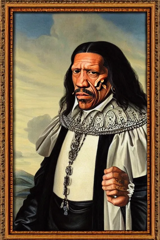 Image similar to a 1 6 0 0 s framed portrait painting of danny trejo holding a skull, intricate, elegant, highly detailed