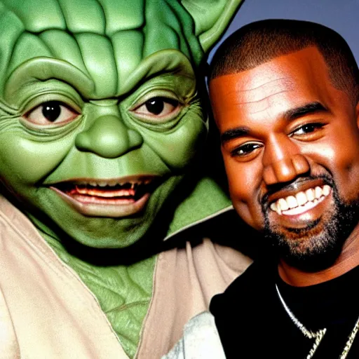 Prompt: kanye west smiling and holding yoda yoda for a 1 9 9 0 s sitcom tv show, studio photograph, portrait