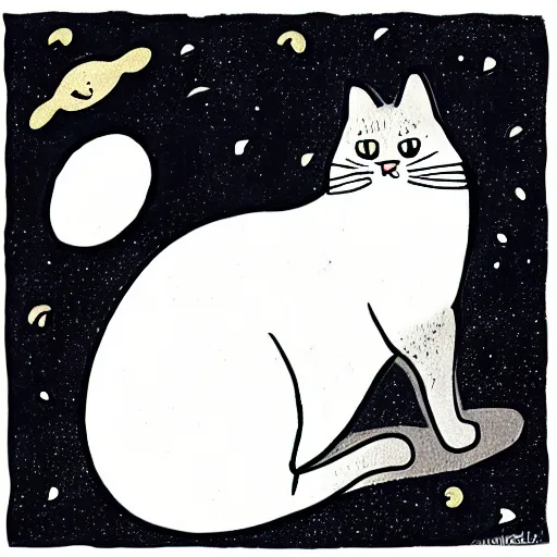 Image similar to a picture of a cat as fat as a moon, the cat is about to eat a spaceship