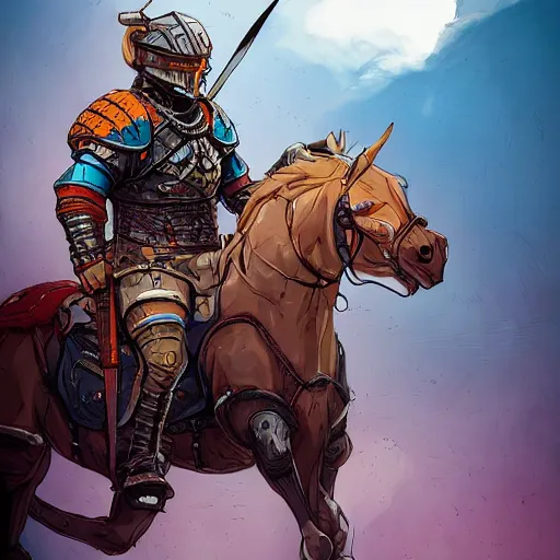 Image similar to cell shaded cartoon, a portrait of a warrior on a horse wearing ridiculously large black armor, illustration, wide shot, subtle colors, concept art by josan gonzales and wlop, laurie greasley, jordan grimmer and james jean, highly detailed, sharp focus, trending on artstation, hq, deviantart, art by artgem