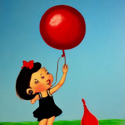 Prompt: painting of a little girl holding a red balloon by dr seuss | horror themed | creepy