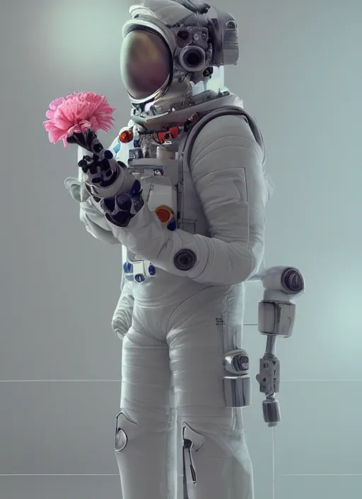 Prompt: a man in a space suit with a flower in his hand, a computer rendering by Mike Winkelmann, trending on cgsociety, retrofuturism, uhd image, rendered in cinema4d, hard surface modeling,