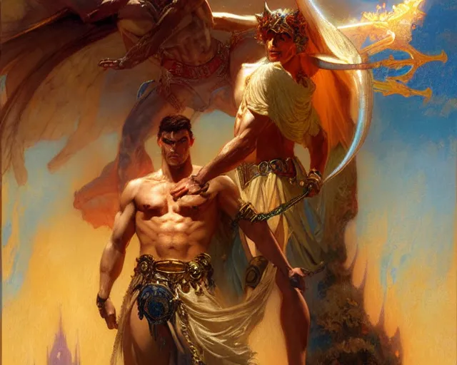 Image similar to attractive heroic male deity, summons handsome heroic lucifer morning star. highly detailed painting by gaston bussiere, craig mullins, j. c. leyendecker 8 k