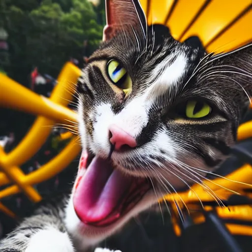 Prompt: selfie of an excited cat riding a roller - coaster, wide angle, highly - detailed realistic