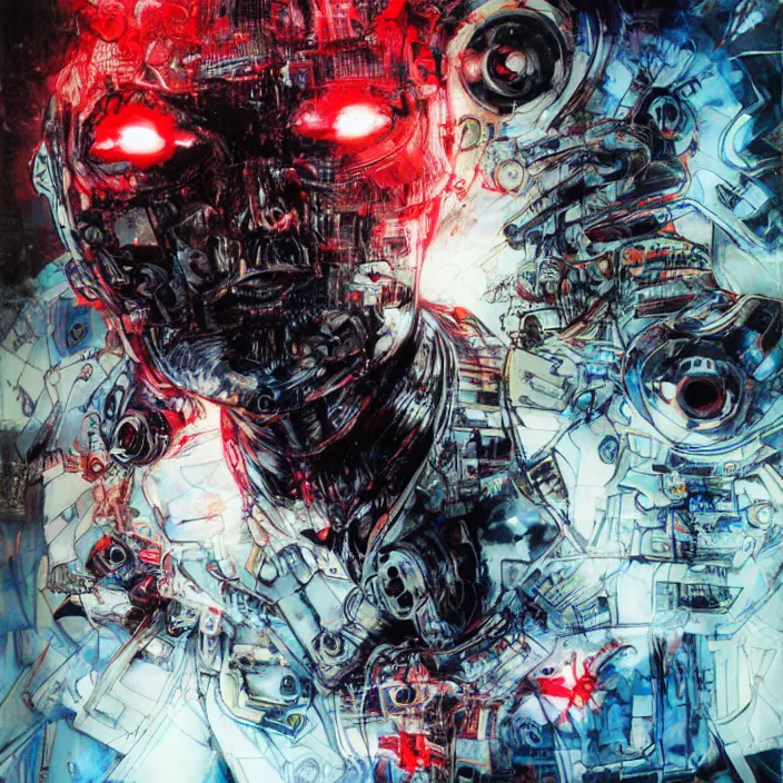 Prompt: cyborg with glowing red eyes, clouds, lasers, painting by greg ruthowski, yoshikata amano, yoji shinkawa, alphonse murac, collaborative artwork, beautifully drawn, heavily detailed