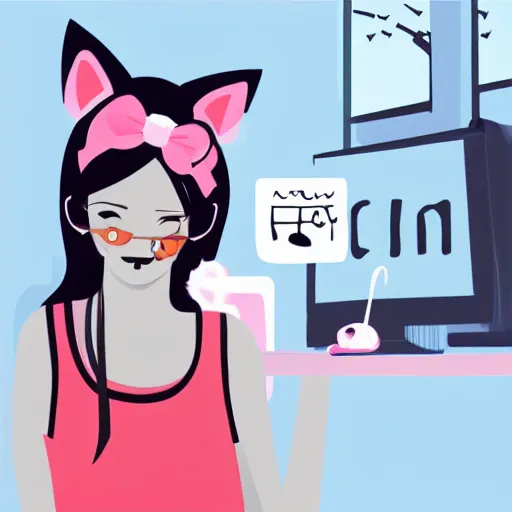 Image similar to cute woman wearing tank top and cat ears plays on computer, digital art