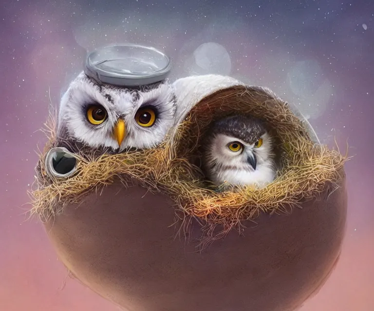 Image similar to long shot of a very cute owl chick nesting in a very futuristic cup, esao andrews, humorous illustration, hyperrealistic, big depth of field, warm colors, night scenery, low light, 3 d octane render, 4 k, conceptart, hyperdetailed, hyperrealistic, trending on artstation