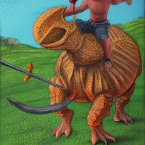 Prompt: roman riding triceratops with spear, pastel