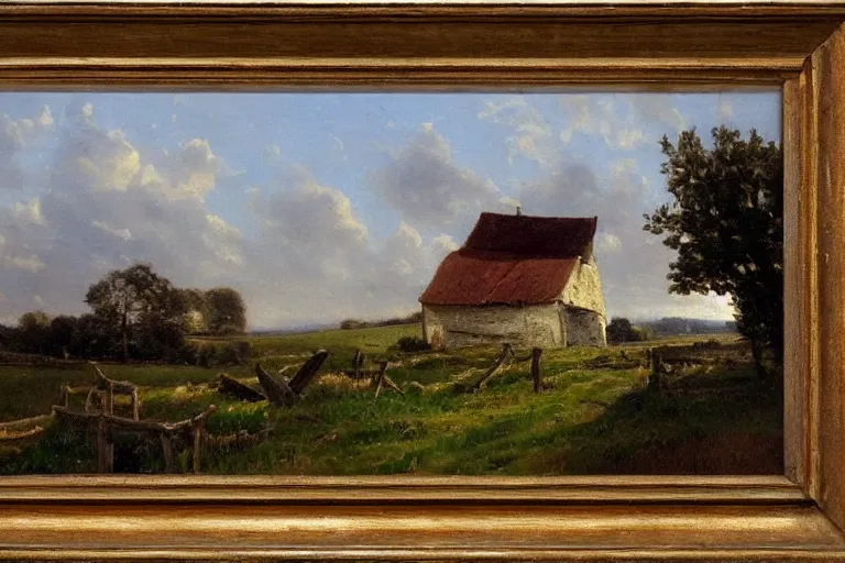 Prompt: a barn in the countryside, reamatic lighting, edward harrison compton