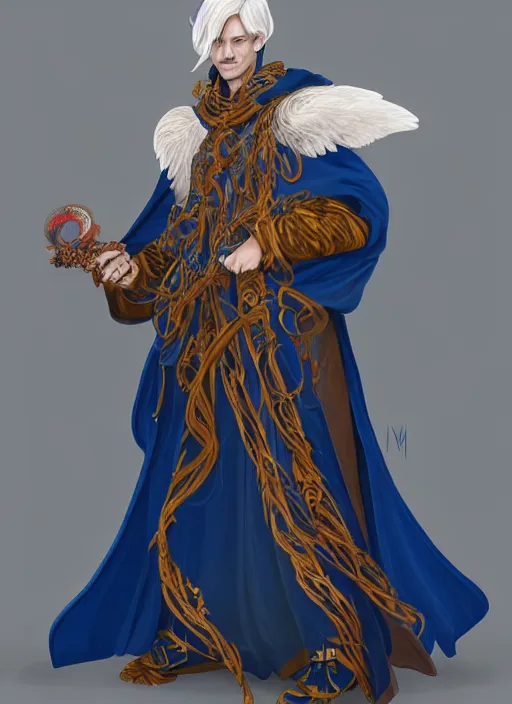 Image similar to male warlock with the head of a hawk, wind magic, blue robes, exquisite details, full body character design, white background, by studio muti