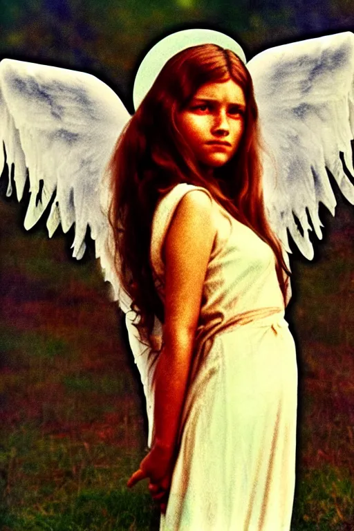 Image similar to old realistic photo of an hippie girl as an angel, photograph, color picture, late 1 9 6 0's, highly detailed, matte, sharp focus, smooth, sharp focus, illustration