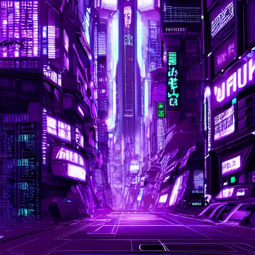 Image similar to Giant Purple Amethyst in cyberpunk neon Tokyo in style of Tsutomu Nihei. Cyberpunk, vertical symmetry, 8K, Highly Detailed, Intricate.