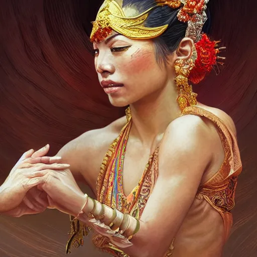 Image similar to a bali dancer, portrait, highly detailed, digital painting, artstation, concept art, sharp focus, illustration, art by artgerm and greg rutkowski and alphonse mucha