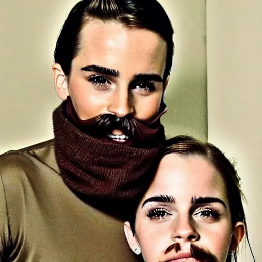 Image similar to emma watson with a full beard and mustache