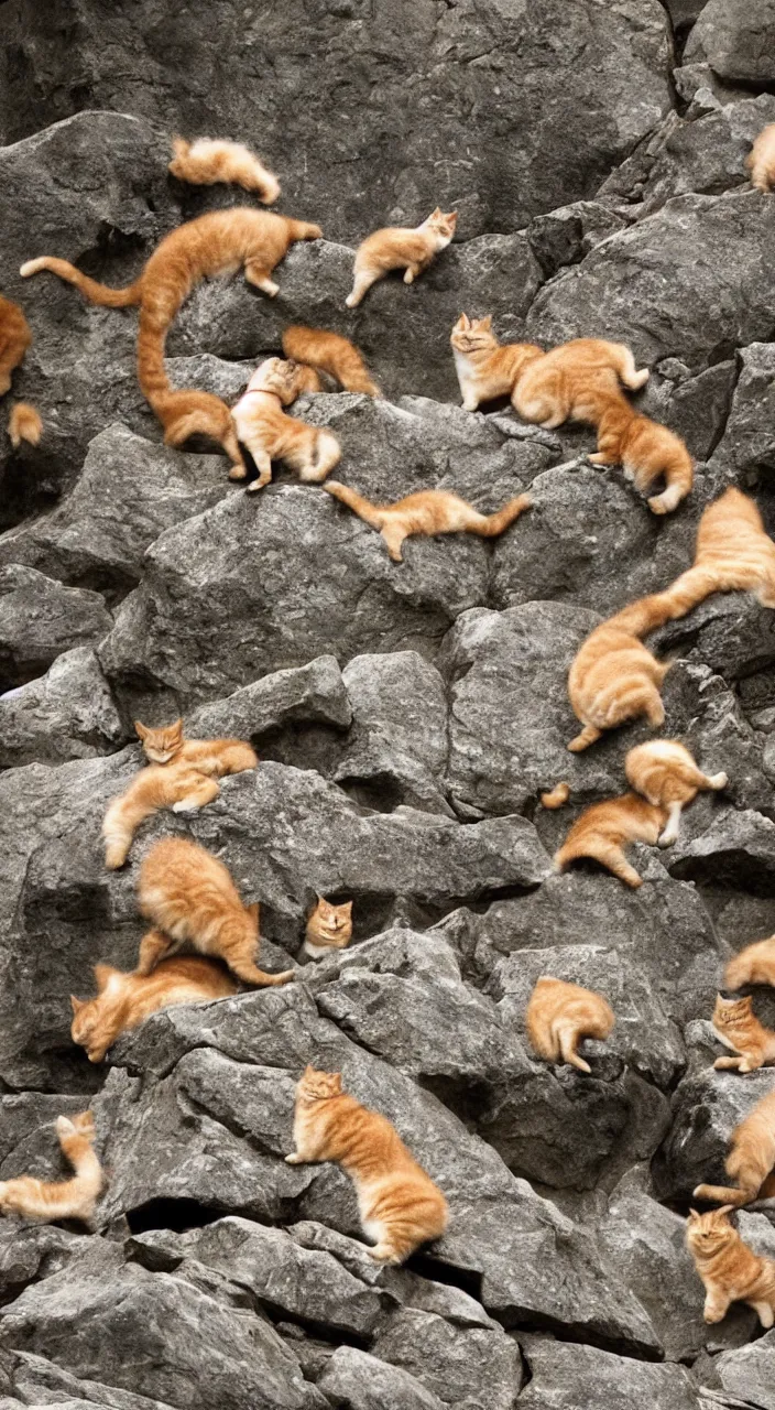 Image similar to fat cats tumbling off a mountain