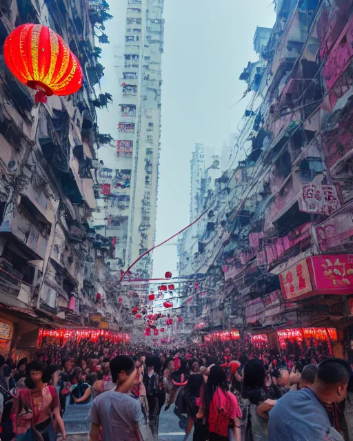 Image similar to chinese new year decoration, chinese new year parade, crowd of people, street, poor buildings, hong kong buildings, kowloon, slums, cyberpunk, ghost in the shell, dramatic lighting, trending on Artstation, 8k, highly realistic, hyper detailed, unreal engine 5, IMAX quality, realistic, cinematic, epic lighting, realistic, Matte Painting, masterpiece,