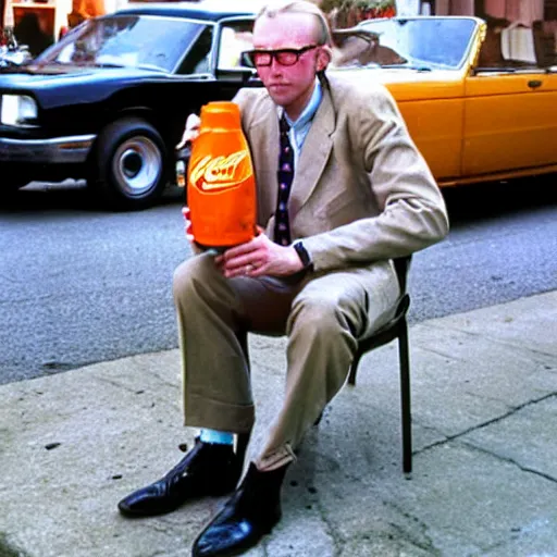 Prompt: hugh hopper on a street corner eating sipping diet pepsi, oranges at his feet