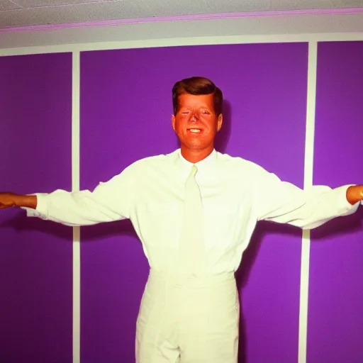 Prompt: jfk posing at the purple wall disneywall at wdw instagram photo