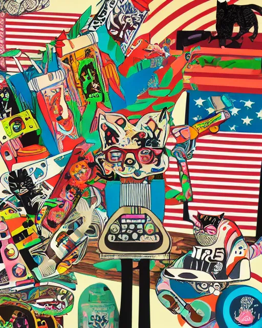 Image similar to art collage with cats, skateboards, boomboxes, american flags, tacos, and tropical plants, by Alex Yanes