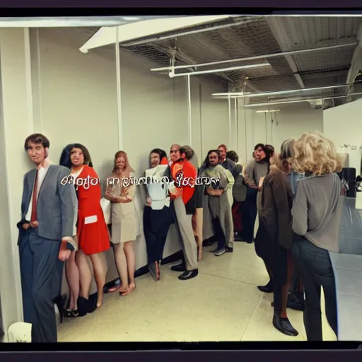 Image similar to employees at an office waiting in line at the exit of the facility, 1970s, color slide film, fisheye lens