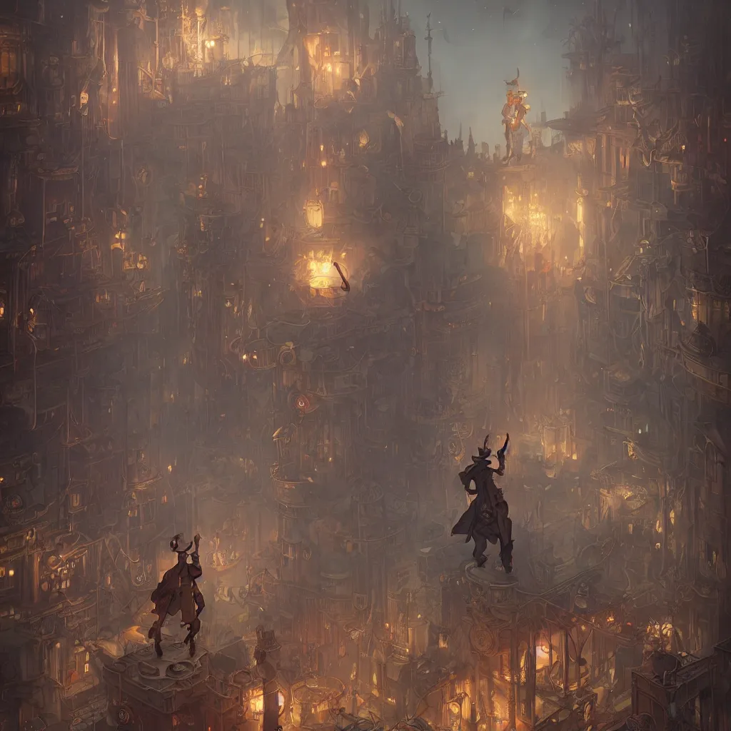 Prompt: tarot the fool standing in a steampunk city by peter mohrbacher and dan mumford and nekro, cgsociety, volumetric light, 3 d render