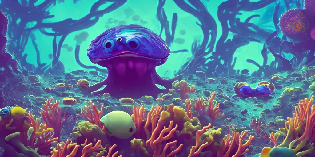 Image similar to of a colorful deep sea under water with strange cute friendly happy creatures with huge eyes, mouth, long tongue and round teeth appearing from sandy coral, in the style of gehry and gaudi, macro lens, shallow depth of field, ultra detailed, digital painting, trending artstation, concept art, illustration, cinematic lighting, photorealism, epic, octane render