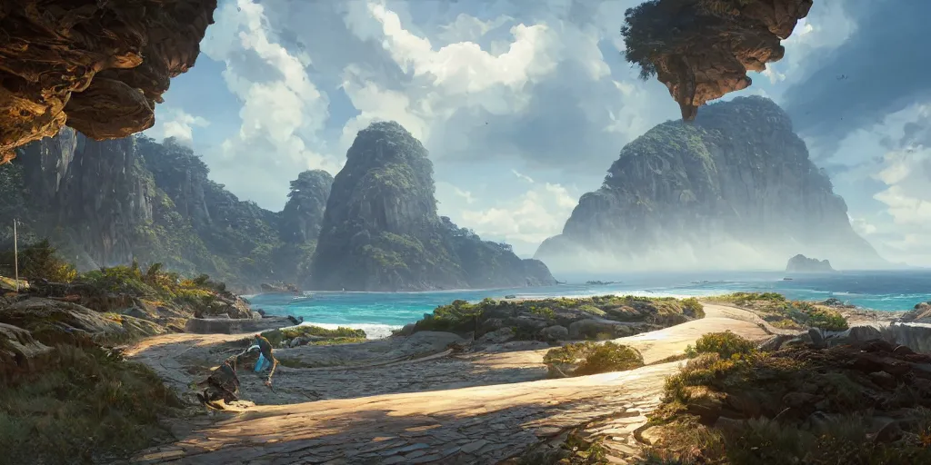 Image similar to highly detailed vanishing - point of a gleaming archipelago made of quartz in gta v, stephen bliss, unreal engine, fantasy art by greg rutkowski, loish, rhads, ferdinand knab, makoto shinkai and lois van baarle, ilya kuvshinov, rossdraws, tom bagshaw, global illumination, radiant light, detailed and intricate environment