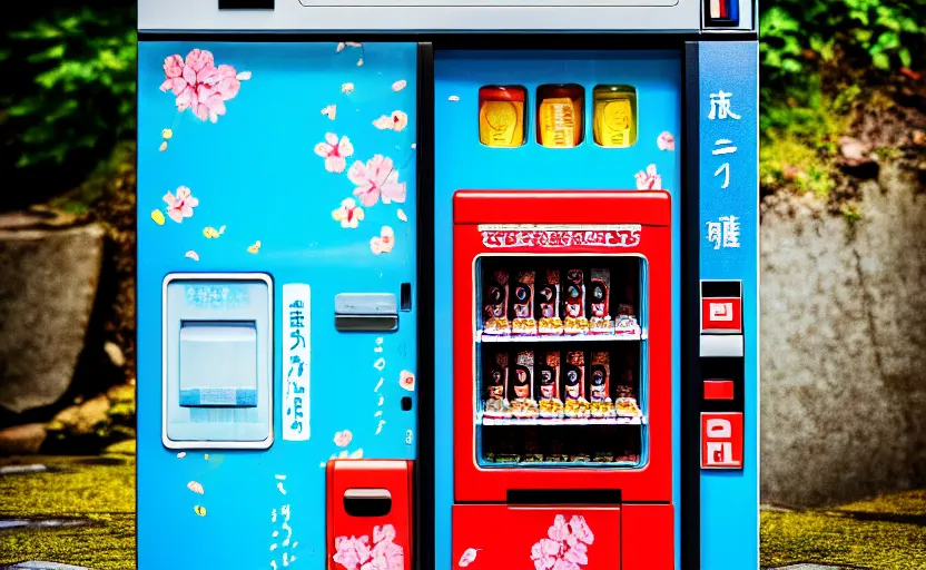 Prompt: photograph of Japanese vending machine in water of abandoned pool, one point perspective, 1-point perspective, tilt shift, sigma 85mm f/1.4, 4k, depth of field, high resolution, 4k, 8k, hd, full color