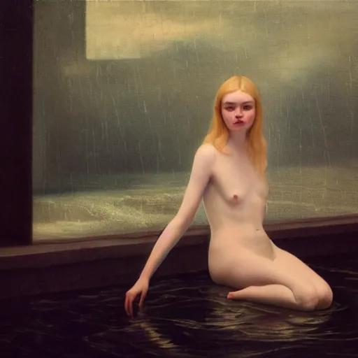 Prompt: Elle Fanning at the pool in the world of Rembrandt, head and shoulders portrait, stormy weather, extremely detailed masterpiece, oil on canvas, low-key neon lighting, artstation, Blade Runner 2049, Roger Deakin’s cinematography, by J. C. Leyendecker and Peter Paul Rubens and Edward Hopper and Michael Sowa,