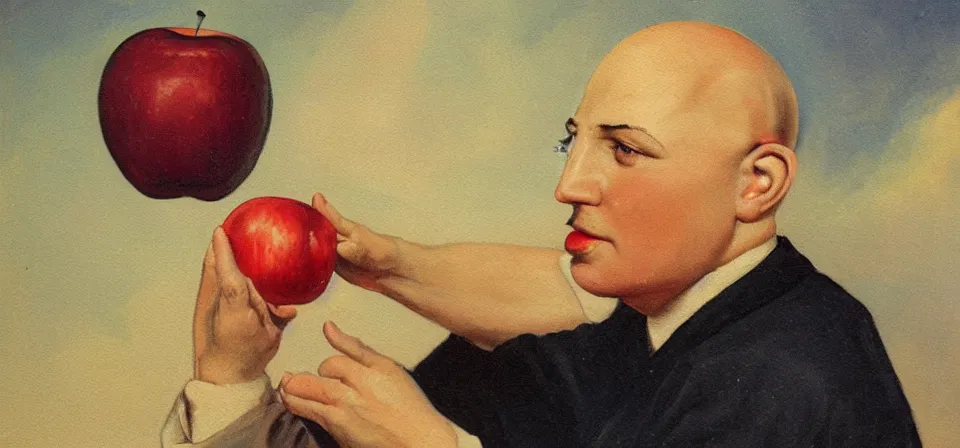 Prompt: painting of a bald man from the 1 9 3 0 looking at an apple with an amazed expression