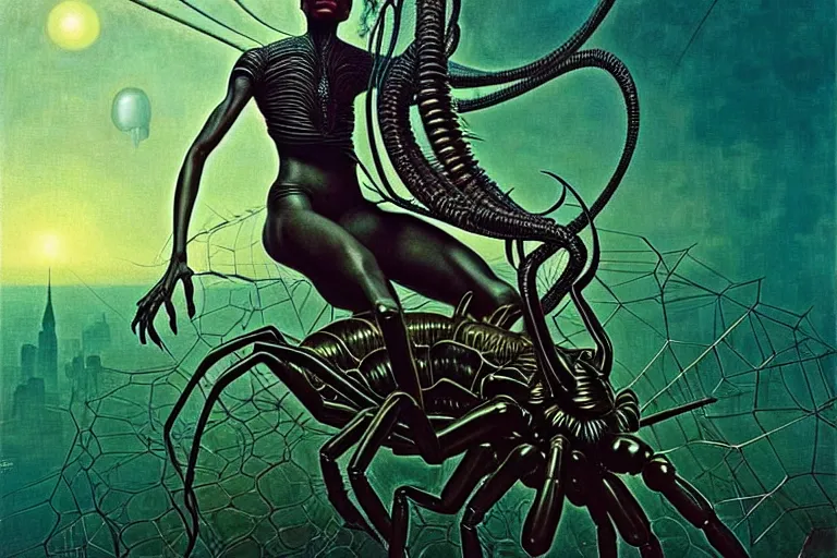 Image similar to realistic detailed portrait movie shot of a beautiful black woman riding a giant spider, dystopian city landscape background by denis villeneuve, amano, yves tanguy, alphonse mucha, max ernst, ernst haeckel, kehinde wiley, caravaggio, jean delville, david lynch, roger dean, cyber necklace, rich moody colours, sci fi patterns, dramatic, wide angle