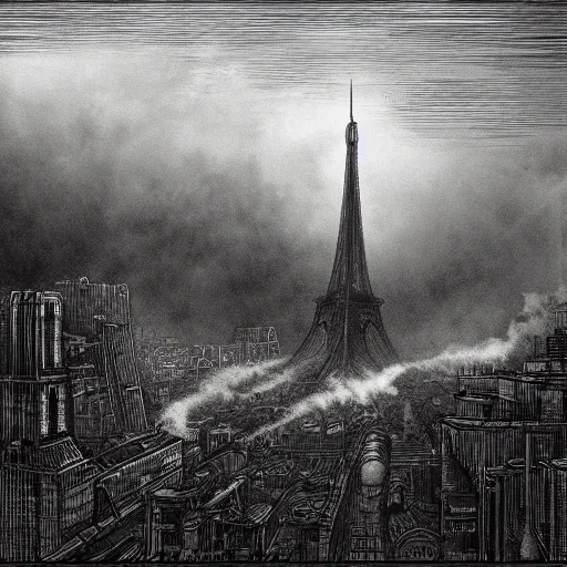 Prompt: dieselpunk city pollution river fog wires high detailed drawn by gustave dore perspective wide angle