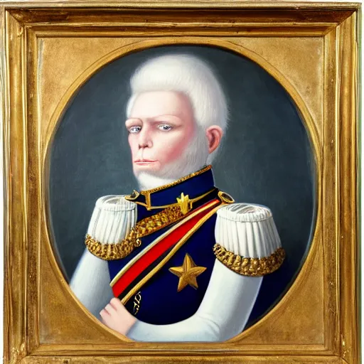 Image similar to An exquisite modern painting of an albino chimpanzee dressed like a bearded Napoleon with correct military uniform, no frames