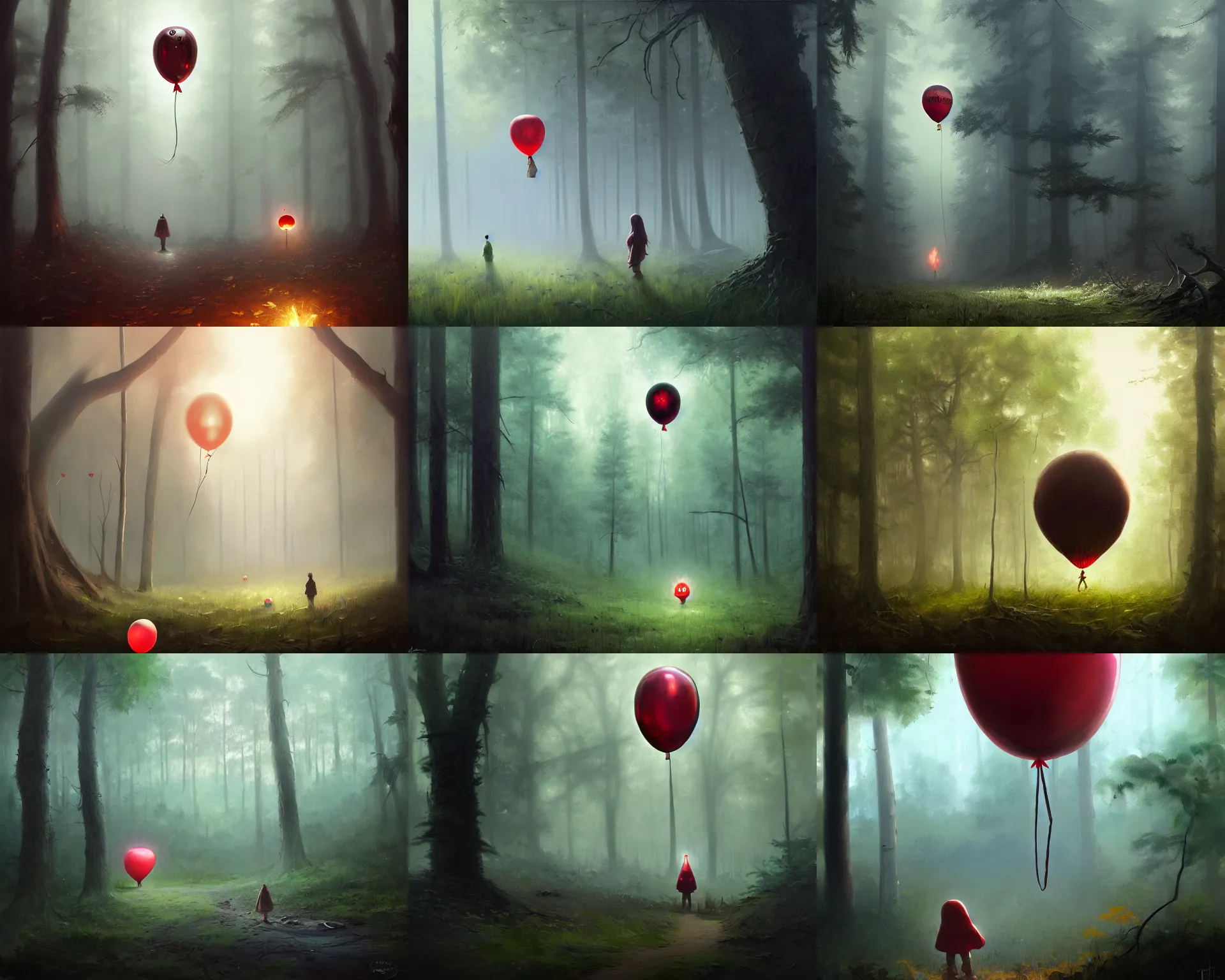 Prompt: being stalked by a horrific evil balloon in a forest, a psychological digital painting by Greg Rutkowski and James Gurney, trending on Artstation, highly detailed