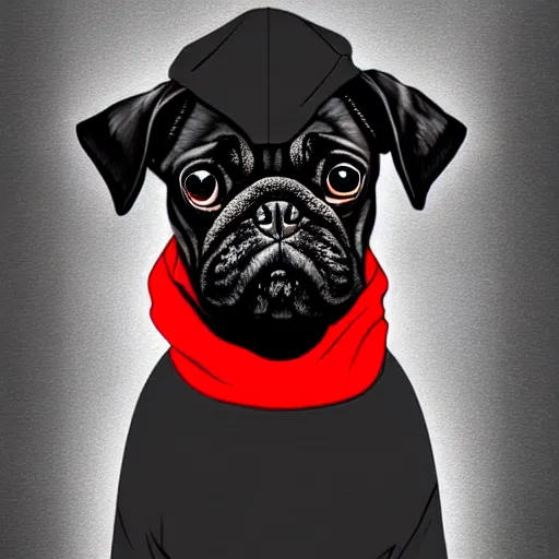 Prompt: a sad pug wearing a hoodie, the word ( sad ) is typed on the hoodie in upper case letters, digital art, synthwave style, trending on artstation, matte painting