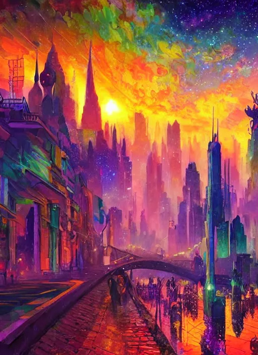 Image similar to ethereal starlit city of magic lost in time at sunset, art station, fauvism, matte painting, felix kelly, johan grenier, hd, digital painting