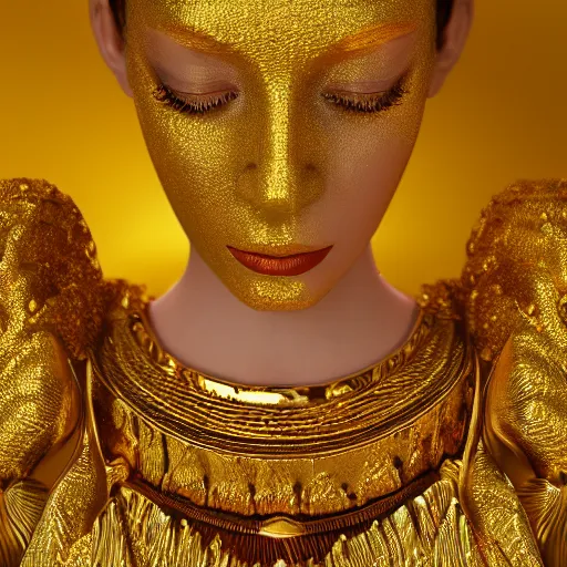 Image similar to queen of gold, 4 k, intricate, jaw dropping, gorgeous, surreal, octane render