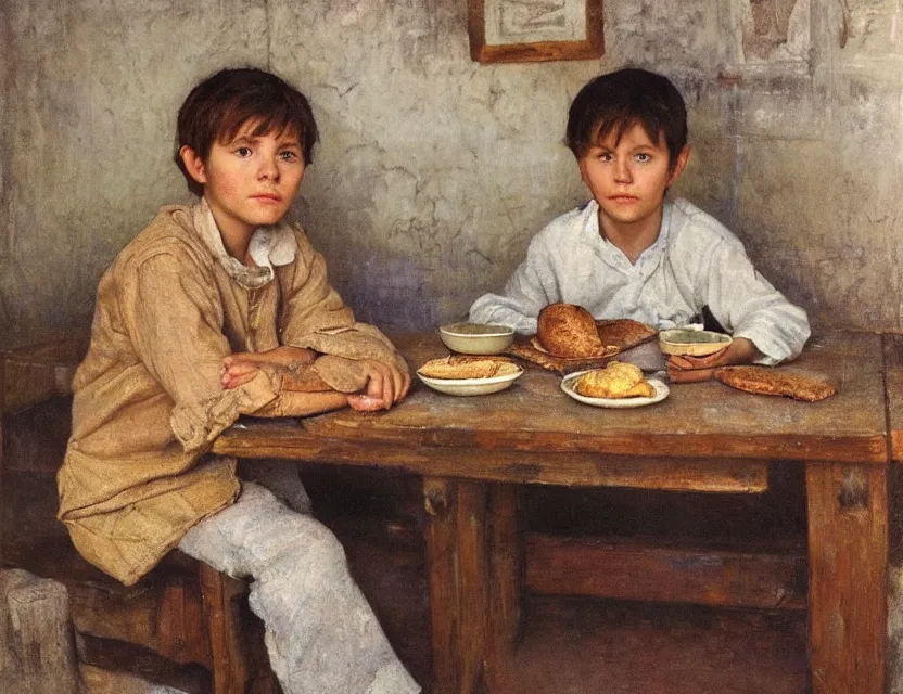 Image similar to portrait of little peasant boy sitting infront of table with bread, cottage core, cinematic focus, polaroid photo bleached vintage pastel colors high - key lighting, soft lights, foggy, by steve hanks, by lisa yuskavage, by serov valentin, by tarkovsky, 8 k render, detailed, oil on canvas